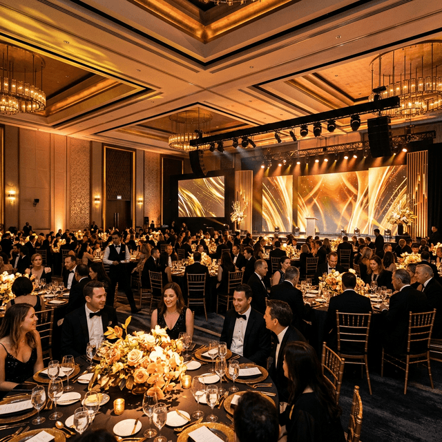 Corporate gala event with premium décor and illuminated stage