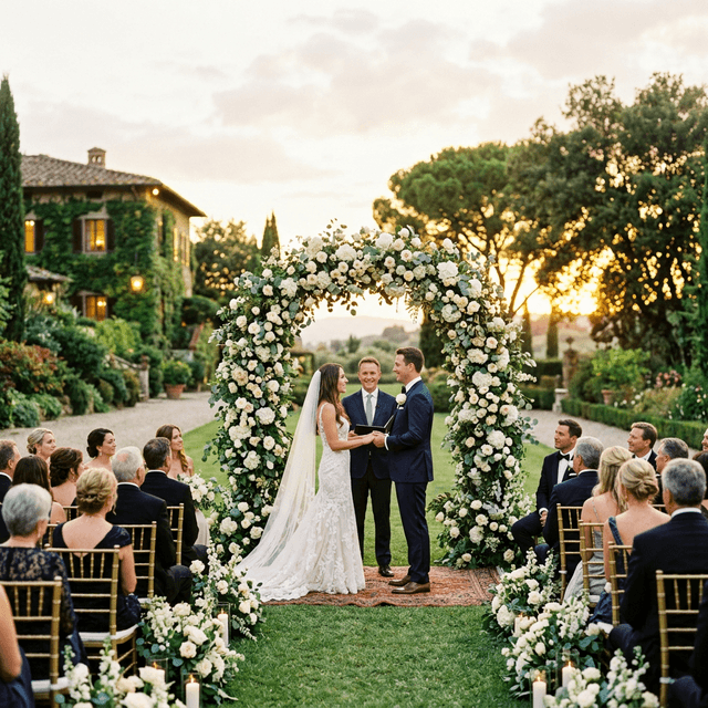 Outdoor sunset wedding ceremony with floral arch