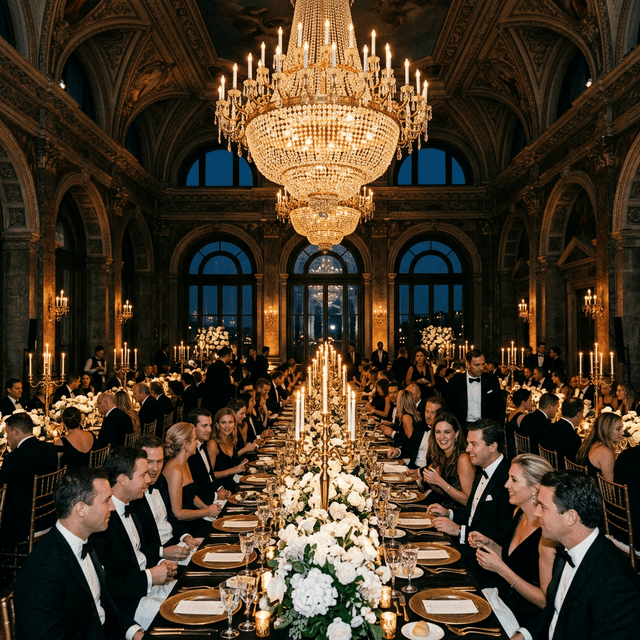 Luxury wedding reception with golden lighting and gala tables